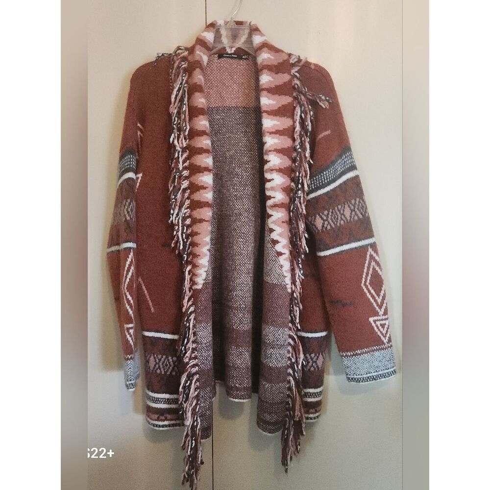 C5 Doe & Rae Boho Fringe Open-Front rust Sweater Cardigan - Southwestern